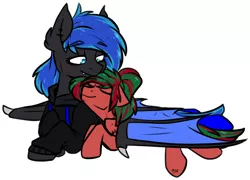 Size: 2556x1838 | Tagged: safe, artist:lrusu, derpibooru import, oc, oc:acelina, oc:feather nib, bat pony, pegasus, pony, bat pony oc, bat wings, clothes, cute, ear piercing, hoodie, laying on stomach, looking at each other, lying down, nuzzling, piercing, smiling, snuggling, spread wings, wings