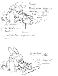 Size: 2000x2600 | Tagged: safe, artist:uunicornicc, derpibooru import, twilight sparkle, twilight sparkle (alicorn), oc, alicorn, pony, unicorn, coffee cup, comic, cup, dab, dialogue, duo, female, lineart, magical lesbian spawn, mare, monochrome, offspring, parent:rainbow dash, parent:twilight sparkle, parents:twidash, sketch