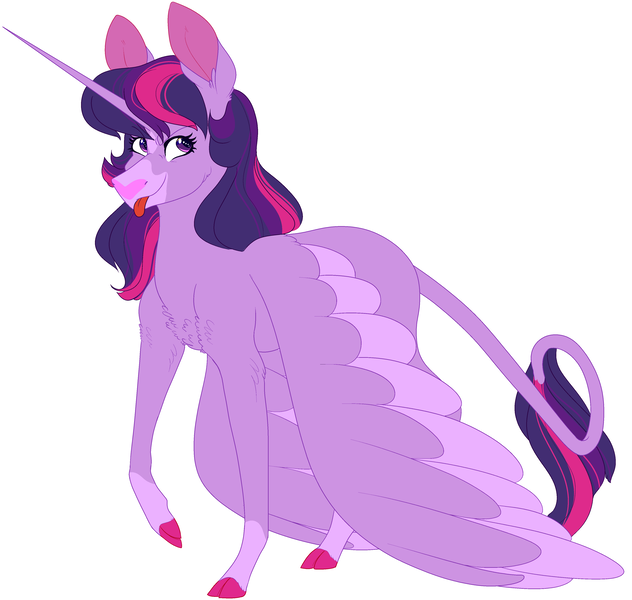 Size: 4000x3800 | Tagged: safe, artist:uunicornicc, derpibooru import, twilight sparkle, twilight sparkle (alicorn), alicorn, classical unicorn, pony, unicorn, :p, chest fluff, cloven hooves, colored hooves, female, large wings, leonine tail, looking at you, mare, raised hoof, silly, simple background, solo, spread wings, tongue out, unshorn fetlocks, white background, wings