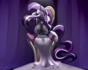 Size: 3000x2400 | Tagged: suggestive, artist:marauder6272, derpibooru import, nightmare rarity, anthro, unicorn, arm behind head, armpits, big breasts, breasts, busty nightmare rarity, clothes, female, hair over one eye, huge breasts, lipstick, mare, partial nudity, pasties, smiling, solo, solo female, throne, topless, wide hips