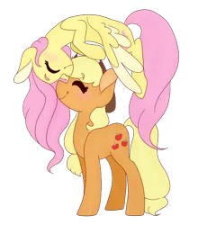 Size: 2030x2306 | Tagged: safe, artist:bubaiuv, deleted from derpibooru, derpibooru import, applejack, fluttershy, earth pony, pegasus, pony, appleshy, blushing, cute, eyes closed, female, flying, lesbian, mare, nuzzling, shipping, simple background, spread wings, transparent background, upside down, wings