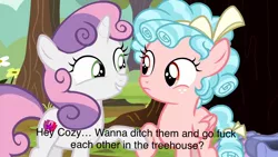 Size: 1280x720 | Tagged: suggestive, derpibooru import, edit, edited screencap, screencap, cozy glow, sweetie belle, pegasus, pony, unicorn, marks for effort, caption, cozybelle, female, filly, image macro, implied foalcon, implied sex, lesbian, meme, shipping, subtle as a train wreck, text, vulgar