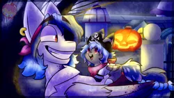 Size: 1920x1080 | Tagged: artist:crazycakesunes, clothes, colt, commission, costume, derpibooru import, detailed background, father and child, father and son, foal, gift art, grin, halloween, holiday, jack-o-lantern, male, night, nightmare night, oc, oc:calypso orchid, oc:casey bleu, offspring, parent:oc:casey bleu, parent:oc:rasta jam, parents:bleujam, parents:oc x oc, pirate, pumpkin, safe, smiling, stallion, unofficial characters only, ych result