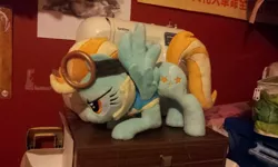 Size: 800x480 | Tagged: safe, artist:zizzaz, derpibooru import, lightning dust, pegasus, pony, clothes, female, goggles, irl, mare, photo, plushie, sewing machine, uniform, wonderbolt trainee uniform