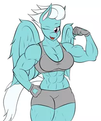 Size: 1305x1558 | Tagged: 1000 years in photoshop, abs, anthro, artist:calm wind, artist:matchstickman, biceps, breasts, busty fleetfoot, cleavage, clothes, derpibooru import, edit, fleetflex, fleetfoot, flexing, gloves, midriff, muscles, one eye closed, safe, sports bra, wonderbolts