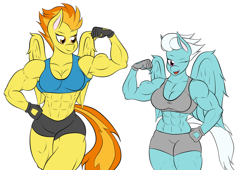 Size: 2349x1676 | Tagged: 1000 years in photoshop, abs, anthro, armpits, artist:calm wind, artist:matchstickman, biceps, breasts, busty fleetfoot, busty spitfire, cleavage, clothes, derpibooru import, edit, fitfire, fleetflex, fleetfoot, flexing, gloves, midriff, muscles, one eye closed, safe, spitfire, sports bra, wonderbolts, workout outfit