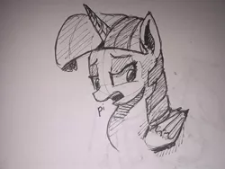 Size: 1030x773 | Tagged: safe, artist:post-it, derpibooru import, twilight sparkle, twilight sparkle (alicorn), alicorn, pony, bust, female, ink drawing, inktober, lidded eyes, looking away, mare, monochrome, open mouth, simple background, sketch, solo, traditional art, white background