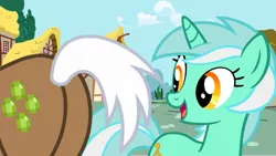 Size: 800x451 | Tagged: safe, derpibooru import, lyra heartstrings, mochaccino, rare find, pony, unicorn, butt, cloud, eyes on the prize, female, house, looking at something, male, mare, open mouth, plot, ponyville, smiling, stallion