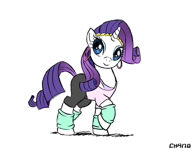 Size: 1320x1020 | Tagged: safe, artist:chano-kun, derpibooru import, rarity, pony, unicorn, 80s, ear piercing, earring, female, headband, jewelry, leg warmers, mare, piercing, simple background, solo, white background, workout outfit