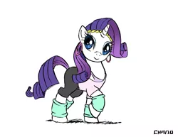 Size: 1320x1020 | Tagged: safe, artist:chano-kun, derpibooru import, rarity, pony, unicorn, 80s, ear piercing, earring, female, headband, jewelry, leg warmers, mare, piercing, simple background, solo, white background, workout outfit