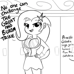 Size: 1280x1280 | Tagged: safe, artist:tjpones, derpibooru import, trixie, equestria girls, black and white, breasts, clothes, dialogue, fake breasts, female, food, funny, grayscale, hoodie, melon, misspelling, monochrome, offscreen character, sketch, solo, watermelon
