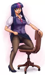 Size: 961x1600 | Tagged: artist:king-kakapo, breasts, chair, clothes, derpibooru import, female, high heels, human, humanized, legs, necktie, office chair, panties, pantyhose, shirt, shoes, simple background, skirt, skirt lift, solo, solo female, suggestive, suit, thighs, twilight sparkle, underwear, upskirt, vest, watch, white underwear, wristwatch