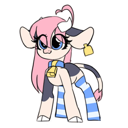 Size: 600x600 | Tagged: animated, artist:angelbeat-drift, bell, clothes, cloven hooves, collar, cow, cowbell, cute, derpibooru import, ear piercing, earring, eyes closed, female, frame by frame, horns, jewelry, mare, markings, moo, oc, oc:maybelle, piercing, safe, socks, striped socks, tail wag, thigh highs