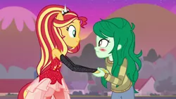 Size: 1920x1080 | Tagged: safe, derpibooru import, screencap, sunset shimmer, wallflower blush, equestria girls, equestria girls series, forgotten friendship, blushing, duo, female, holding hands, looking at you, ponied up, shipping fuel, super ponied up