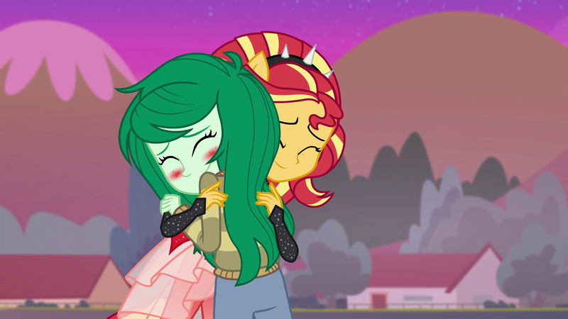 Size: 1920x1080 | Tagged: safe, derpibooru import, screencap, sunset shimmer, wallflower blush, equestria girls, equestria girls series, forgotten friendship, blushing, cute, duo, female, flowerbetes, house, hug, shimmerbetes, shipping fuel, super ponied up