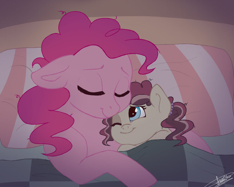 Size: 1600x1280 | Tagged: safe, artist:scorpion-89, derpibooru import, pinkie pie, oc, oc:vanilla, pony, bed, cuddling, duo, female, filly, floppy ears, mare, mother and child, mother and daughter, offspring, one eye closed, parent:cheese sandwich, parent:pinkie pie, parents:cheesepie, sleeping, smiling