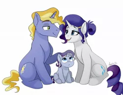 Size: 1024x788 | Tagged: alternate hairstyle, artist:scorpion-89, cutie mark, derpibooru import, family, female, lidded eyes, looking at each other, male, oc, oc:francis, offspring, parent:ponet, parent:rarity, ponet, pority, rarity, safe, shipping, simple background, sitting, smiling, straight, white background