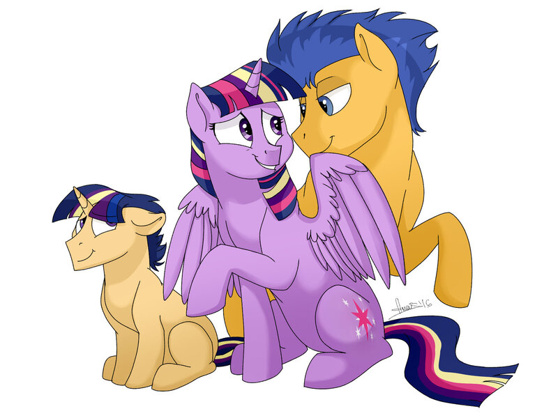 Size: 1600x1200 | Tagged: safe, artist:scorpion-89, derpibooru import, flash sentry, twilight sparkle, twilight sparkle (alicorn), oc, oc:defense, alicorn, pony, unicorn, biting, blank flank, colt, cutie mark, female, flashlight, looking at each other, male, mare, offspring, parent:flash sentry, parent:twilight sparkle, parents:flashlight, rainbow power, shipping, simple background, sitting, smiling, stallion, straight, white background, wing bite