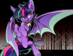 Size: 1600x1226 | Tagged: safe, artist:tyuubatu, derpibooru import, twilight sparkle, twilight sparkle (alicorn), alicorn, bat pony, bat pony alicorn, pony, bat ponified, bat wings, colored wings, female, horn, mare, multicolored wings, race swap, solo, spread wings, twibat, wings