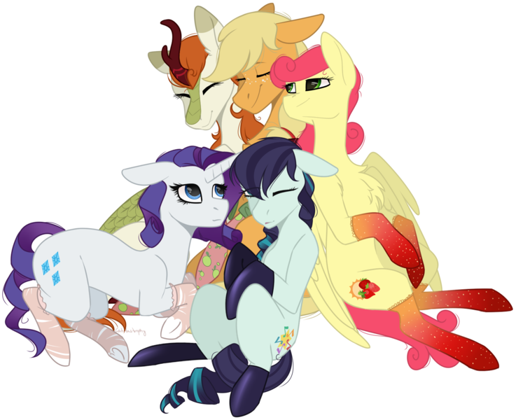 Size: 1595x1299 | Tagged: safe, artist:sychia, derpibooru import, applejack, autumn blaze, coloratura, rarity, strawberry sunrise, earth pony, kirin, pegasus, pony, unicorn, sounds of silence, applejack gets all the mares, applerise, autumberry colorarijack, autumnjack, awwtumn blaze, chest fluff, clothes, commission, cuddling, cute, eyes closed, female, floppy ears, freckles, harem, hug, jackabetes, lesbian, mare, one eye closed, polyamory, polygamy, pony pile, rara, rarabetes, rarajack, raribetes, rarijack, shipping, signature, simple background, sitting, smiling, socks, stockings, strawwberry sunrise, thigh highs, transparent background, wink