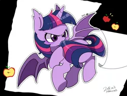 Size: 1720x1300 | Tagged: safe, artist:potetecyu_to, derpibooru import, twilight sparkle, twilight sparkle (alicorn), alicorn, bat pony, bat pony alicorn, pony, bat ponified, bat wings, biting, cutout, female, horn, mare, nom, race swap, solo, species swap, tail bite, twibat, wings