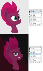 Size: 649x1068 | Tagged: safe, artist:paskanaakka, derpibooru import, fizzlepop berrytwist, tempest shadow, pony, abstract background, broken horn, bust, ear fluff, edgehorse, evil grin, eye scar, female, firealpaca, grin, horn, mare, portrait, scar, smiling, solo