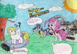 Size: 3480x2466 | Tagged: safe, artist:sparkfler85, derpibooru import, pinkie pie, surprise, twilight sparkle, twilight sparkle (alicorn), alicorn, pony, 35th anniversary, 80s, back to the future, car, cloud, confused, crayon drawing, delorean, dire straits, g1, g4 to g1, generation leap, generational ponidox, radio, reference, standing up, sun, traditional art, tree