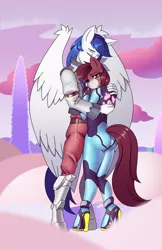 Size: 2108x3249 | Tagged: anthro, anthro oc, artist:chacrawarrior, clothes, commission, costume, crossover, derpibooru import, female, fox mccloud, hug, male, mare, metroid, oc, oc x oc, safe, samus aran, shipping, stallion, star fox, straight, unofficial characters only, zero suit