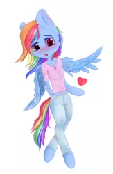 Size: 3764x5787 | Tagged: anthro, arm hooves, artist:generallegion, blushing, clothes, derpibooru import, female, heart, jeans, mare, pants, pegasus, rainbow dash, safe, solo, unguligrade anthro, wings