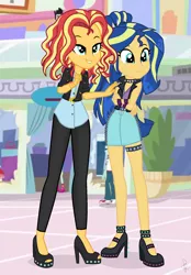 Size: 1660x2390 | Tagged: safe, artist:ilaria122, derpibooru import, curly winds, some blue guy, sunset shimmer, oc, oc:shining swirls, equestria girls, canterlot mall, choker, clothes, denim skirt, geode of empathy, high heels, jacket, jewelry, leather jacket, leather leggings, magical geodes, mama sunset, miniskirt, necklace, next generation, offspring, older sunset, parent:flash sentry, parent:sunset shimmer, parents:flashimmer, shirt, shoes, shopping, short hair, simple background, skirt, smiling, spiked choker, spiked headband