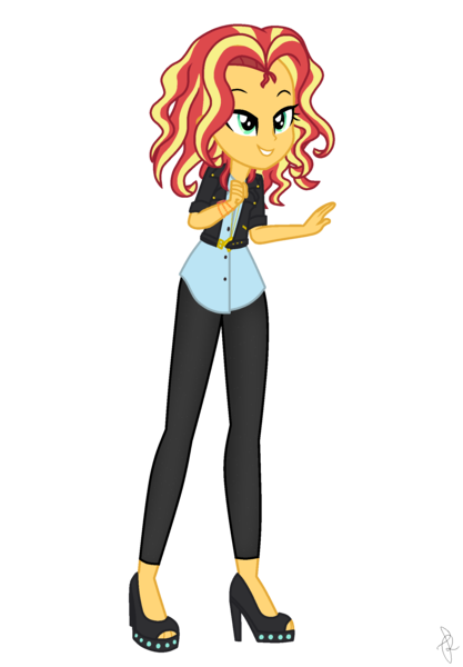 Size: 1660x2390 | Tagged: safe, artist:ilaria122, derpibooru import, sunset shimmer, equestria girls, alternate hairstyle, bracelet, clothes, geode of empathy, high heels, jacket, jewelry, leather jacket, leather leggings, magical geodes, necklace, older sunset, shirt, shoes, short hair, simple background, smiling, transparent background, vector
