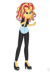 Size: 1660x2390 | Tagged: safe, artist:ilaria122, derpibooru import, sunset shimmer, equestria girls, alternate hairstyle, bracelet, clothes, geode of empathy, high heels, jacket, jewelry, leather jacket, leather leggings, magical geodes, necklace, older sunset, shirt, shoes, short hair, simple background, smiling, transparent background, vector