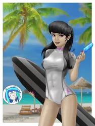 Size: 1200x1600 | Tagged: safe, artist:magarnadge, derpibooru import, octavia melody, vinyl scratch, human, abs, beach, blood, breasts, clothes, female, food, humanized, lesbian, nosebleed, one-piece swimsuit, popsicle, scratchtavia, shipping, smiling, surfboard, swimsuit, wetsuit