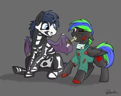 Size: 1972x1554 | Tagged: safe, artist:rutkotka, derpibooru import, oc, oc:ari, oc:keyden, unofficial characters only, bat pony, skeleton pony, bat pony oc, bat wings, bone, clothes, commission, costume, couple, doctor, female, funny, gray background, halloween, holiday, male, mare, simple background, skeleton, skeleton costume, stallion, surgeon, wings, ych result