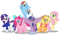 Size: 6000x3548 | Tagged: safe, artist:aleximusprime, derpibooru import, applejack, fluttershy, pinkie pie, rainbow dash, rarity, twilight sparkle, twilight sparkle (alicorn), alicorn, earth pony, pegasus, pony, unicorn, bandana, bow, braid, chubbie pie, chubby, clothes, cute, fat, female, flower, freckles, future, glasses, group, long hair, mane six, mare, older, plump, pudgy pie, short hair, simple background, smiling, transparent background