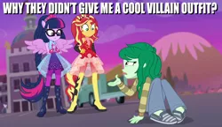 Size: 1872x1080 | Tagged: safe, derpibooru import, edit, edited screencap, screencap, sci-twi, sunset shimmer, twilight sparkle, wallflower blush, equestria girls, equestria girls series, forgotten friendship, clothes, female, ponied up, scitwilicorn, striped sweater, super ponied up, sweater, wings