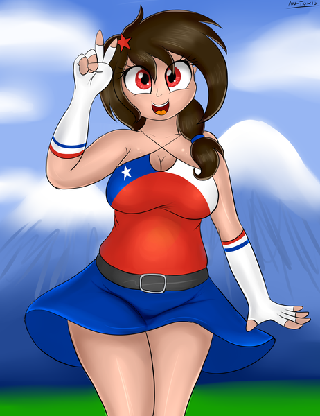 Size: 2217x2880 | Tagged: artist:an-tonio, belt, chile, clothes, cute, derpibooru import, happy, human, humanized, humanized oc, miniskirt, moe, mountain, oc, ocbetes, oc:chilenia, peace sign, safe, shirt, skirt, skirt lift, solo, thighs