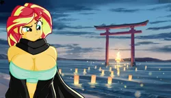 Size: 3536x2024 | Tagged: suggestive, artist:aboimages03, derpibooru import, sunset shimmer, equestria girls, beach, big breasts, breasts, busty sunset shimmer, female, high res, solo, solo female, torii