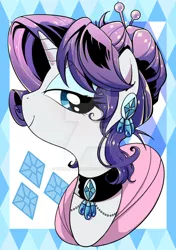 Size: 600x853 | Tagged: safe, artist:yukandasama, derpibooru import, rarity, pony, bust, deviantart watermark, female, jewelry, looking at you, mare, obtrusive watermark, solo, watermark