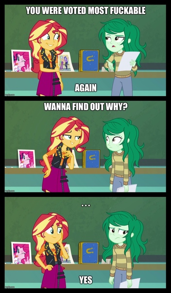 Size: 1913x3264 | Tagged: suggestive, derpibooru import, edit, edited screencap, screencap, pinkie pie, princess celestia, princess luna, sunset shimmer, vice principal luna, wallflower blush, equestria girls, equestria girls series, forgotten friendship, ..., caption, chalkboard, comic, female, image macro, implied lesbian, lesbian, meme, paper, picture, principal celestia, screencap comic, shipping, text, wallset, yearbook