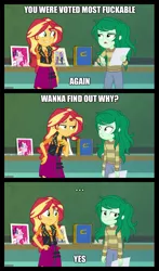 Size: 1913x3264 | Tagged: suggestive, derpibooru import, edit, edited screencap, screencap, pinkie pie, princess celestia, princess luna, sunset shimmer, wallflower blush, equestria girls, equestria girls series, forgotten friendship, ..., caption, chalkboard, comic, female, image macro, implied lesbian, lesbian, meme, paper, picture, principal celestia, screencap comic, shipping, text, vice principal luna, wallset, yearbook