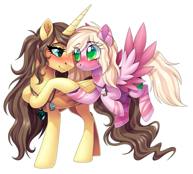 Size: 2580x2325 | Tagged: safe, artist:centchi, derpibooru import, oc, oc:hanalea, oc:rebecca, unofficial characters only, alicorn, pegasus, pony, alicorn oc, deviantart watermark, female, horn, lesbian, mare, obtrusive watermark, oc x oc, shipping, simple background, transparent background, watermark, wings