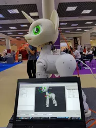 Size: 1620x2160 | Tagged: 3d print, 3d printed, computer, derpibooru import, human, irl, irl human, laptop computer, photo, proto3, robot, safe, sweetie belle, sweetie bot, sweetie bot project