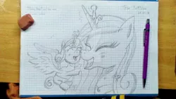Size: 1024x576 | Tagged: safe, artist:susanzx2000, derpibooru import, princess cadance, princess flurry heart, alicorn, pony, cute, graph paper, inktober, lineart, mom and baby, smiley face, traditional art