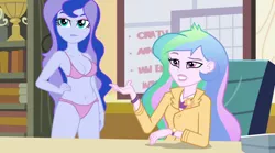 Size: 1280x714 | Tagged: suggestive, artist:dirty mike, derpibooru import, edit, edited edit, edited screencap, editor:slayerbvc, screencap, princess celestia, princess luna, equestria girls, rainbow rocks, bra, breasts, cleavage, clothes, female, hand on hip, office, panties, pink underwear, principal celestia, underwear, underwear edit, vice principal luna