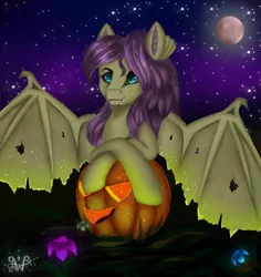 Size: 678x718 | Tagged: safe, artist:amywhooves, derpibooru import, fluttershy, bat pony, bat ponified, crossed hooves, female, flutterbat, full moon, halloween, holiday, jack-o-lantern, moon, night, pumpkin, race swap, solo, stars