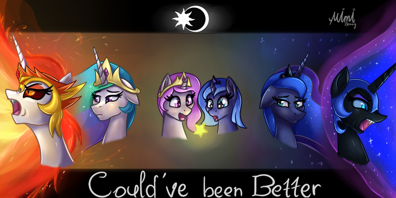 Size: 1200x600 | Tagged: safe, artist:milkychocoberry, derpibooru import, daybreaker, nightmare moon, princess celestia, princess luna, alicorn, pony, bust, fangs, female, filly, mare