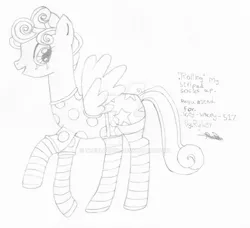 Size: 1024x935 | Tagged: safe, artist:thecloud96, derpibooru import, rolling thunder, pegasus, pony, clothes, cute, eye scar, female, lineart, mare, obtrusive watermark, open mouth, pajamas, raised hoof, scar, sketch, socks, solo, striped socks, traditional art, watermark