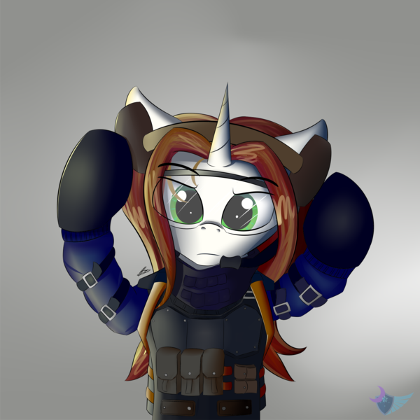 Size: 1500x1500 | Tagged: safe, artist:lunar froxy, derpibooru import, oc, oc:light landstrider, unofficial characters only, pony, unicorn, armor, commission, crossover, eye clipping through hair, male, rainbow six siege, solo, stallion, ying