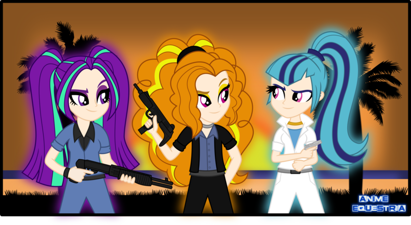 Size: 1985x1087 | Tagged: safe, artist:anime-equestria, derpibooru import, adagio dazzle, aria blaze, sonata dusk, equestria girls, beach, clothes, crossover, grand theft auto, grass, group, gta vice city, gun, handgun, human coloration, machine gun, ocean, pistol, shotgun, smiling, spas-12, suit, sunset, uzi, vice city, weapon